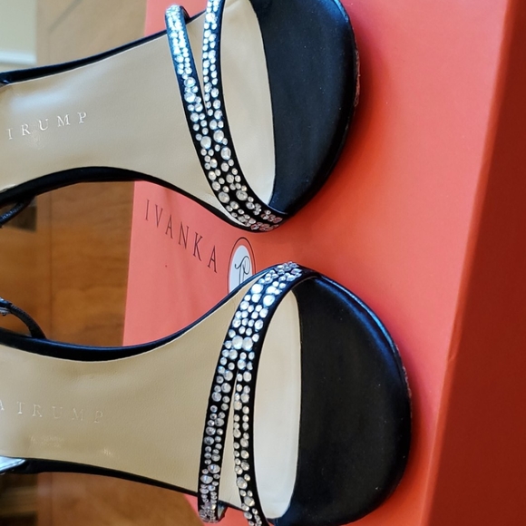 Black Satin Rhinestone Heeled Sandals - Picture 3 of 9